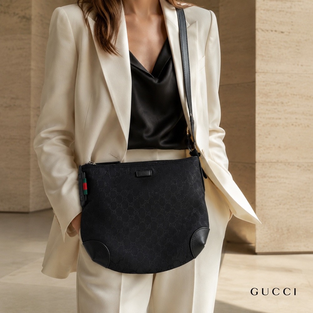 Gucci Black GG Monogram Canvas Leather Trim Web Stripe Crossbody Messenger Bag